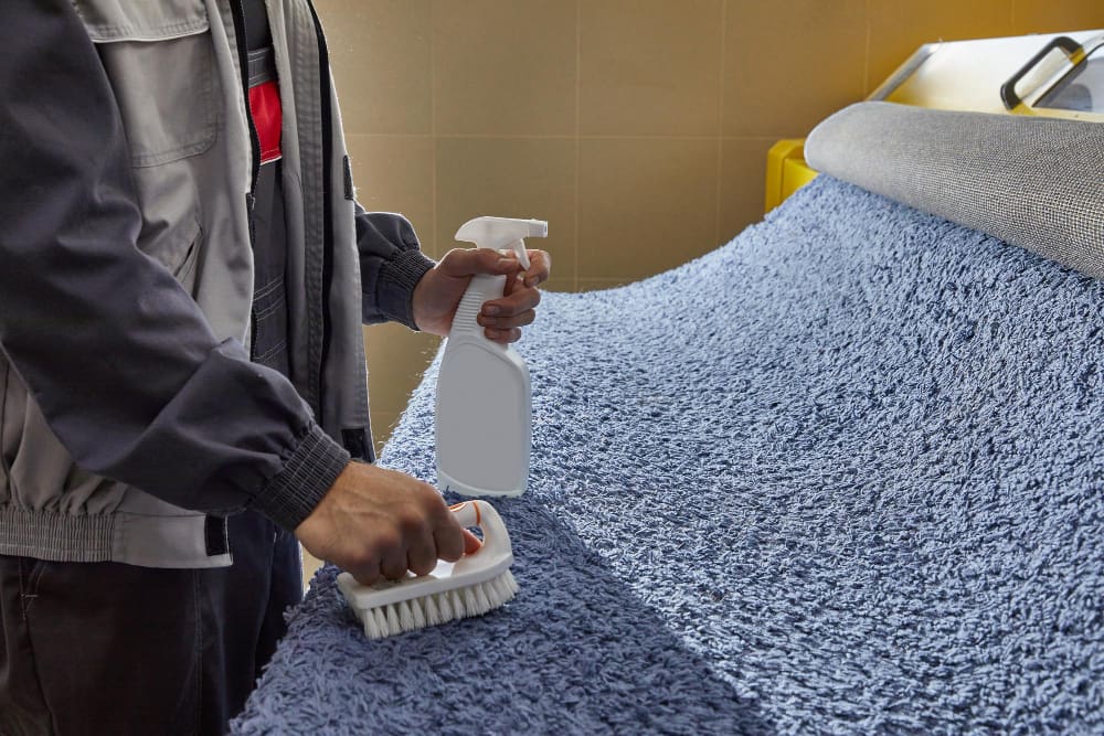 A person cleans a blue carpet using a spray bottle and a scrubbing brush next to a carpet cleaning machine.