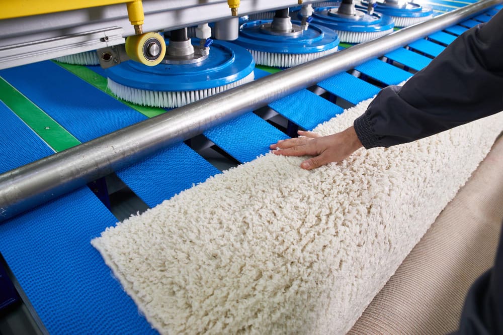 A person checks a rolled-up white carpet as it moves through a carpet cleaning machine with rotating blue brushes and conveyor belts.