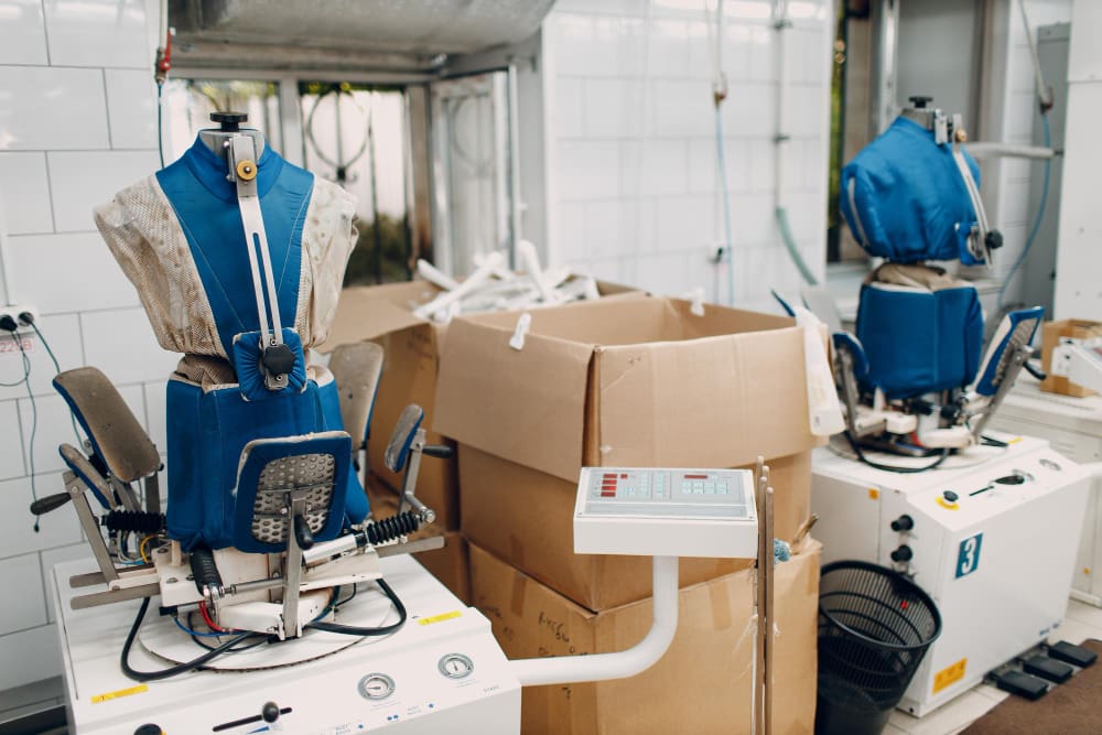 Two garment finishing machines with blue padding are placed near a large cardboard box in an industrial laundry or textile facility with white tiled walls.