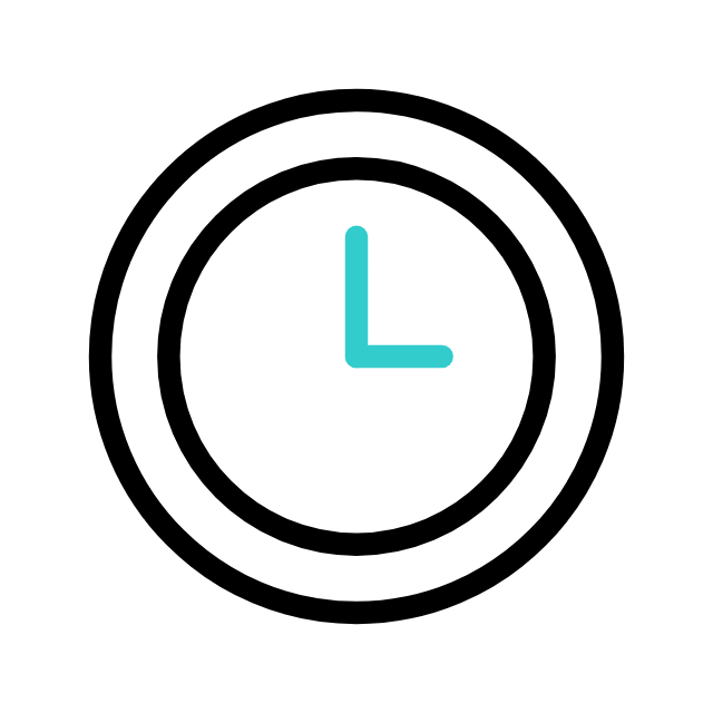 Simple black outline of a clock face with blue hour and minute hands pointing to 12 and 3, indicating the time is 3:00.